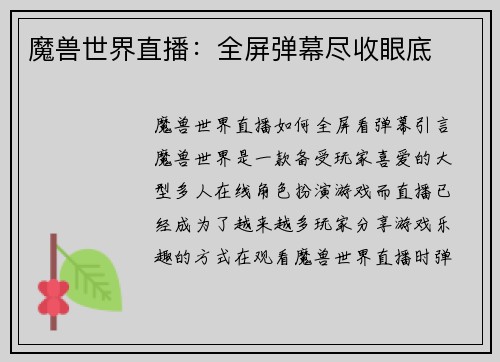 魔兽世界直播：全屏弹幕尽收眼底